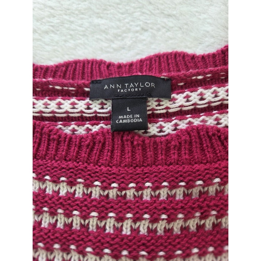 Ann Taylor Factory Pink Stripe Short Sleeve Sweater Womens Large Cotton Knit Top - Picture 2 of 7